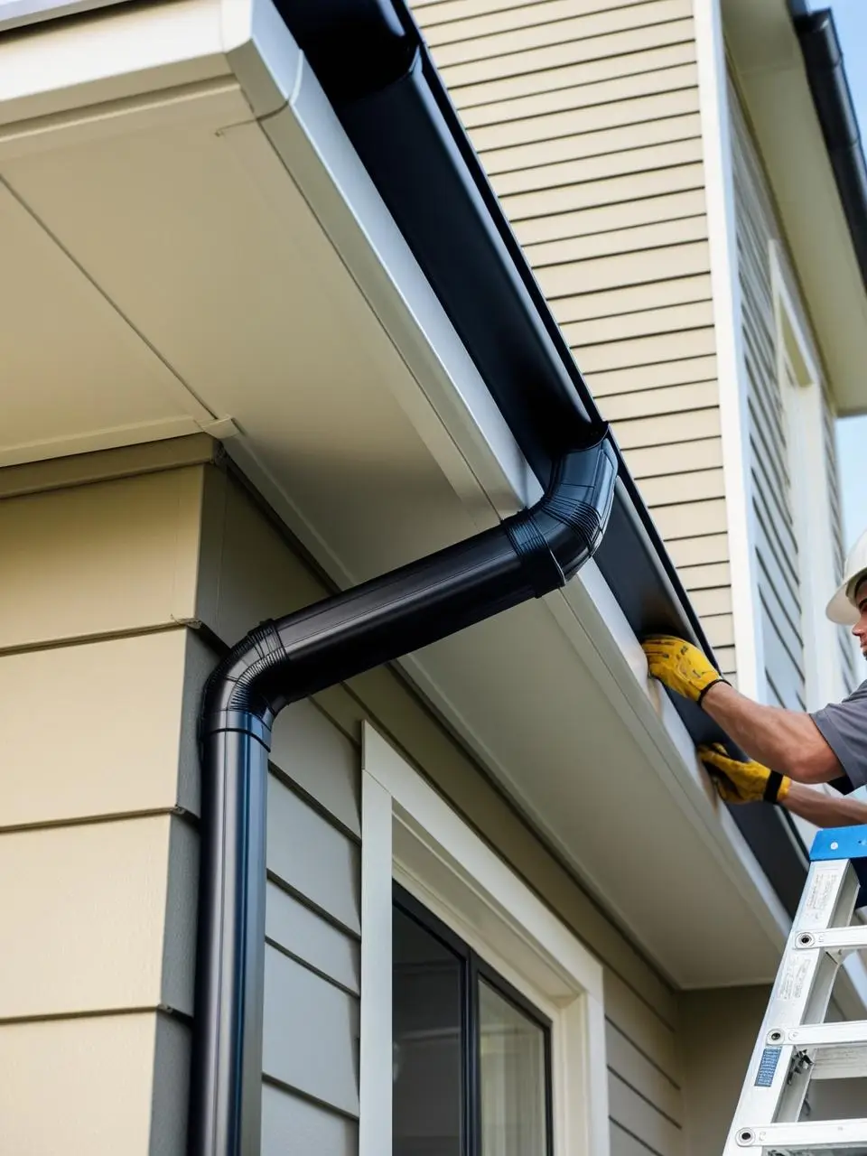 Cincinnati roofing technician performing gutter and downspout services.